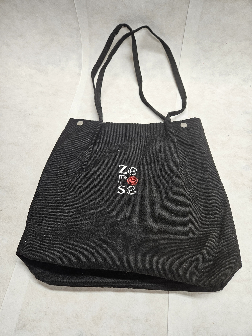 Black Corduroy Tote with Rose Accent
